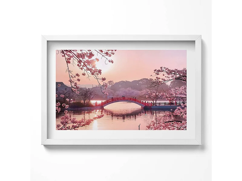 Dekoratives Gemälde mit weißem Rahmen, Kirschblüten und Brücke – japanischer Stil 60 x 40 cm – perfekt für das Wohn- oder Schlafzimmer
