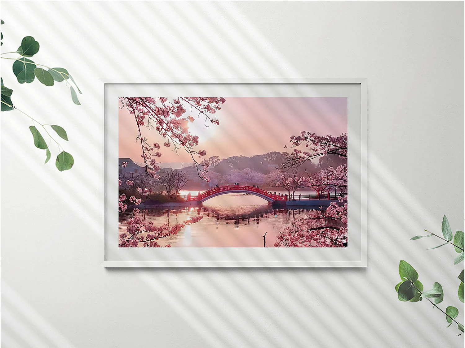 Dekoratives Gemälde mit weißem Rahmen, Kirschblüten und Brücke – japanischer Stil 100 x 70 cm – perfekt für das Wohn- oder Schlafzimmer