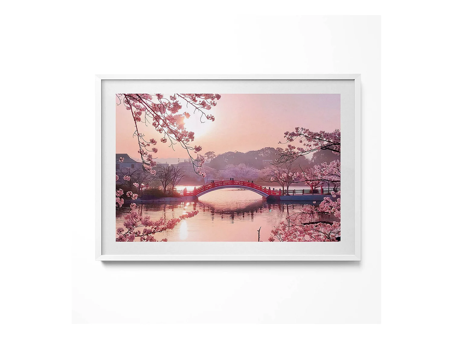 Tableau décoratif avec cadre blanc, Fleurs de cerisier et pont - style japonais 100 x 70 cm– Parfait pour le salon ou la chambre