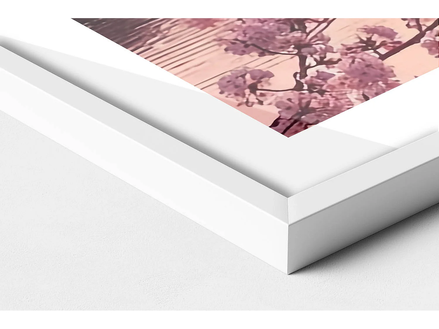 Quadro decorativo con cornice bianca, fiori di ciliegio e ponte - Stile giapponese 100 x 70 cm - Perfetto per il soggiorno o la camera da letto