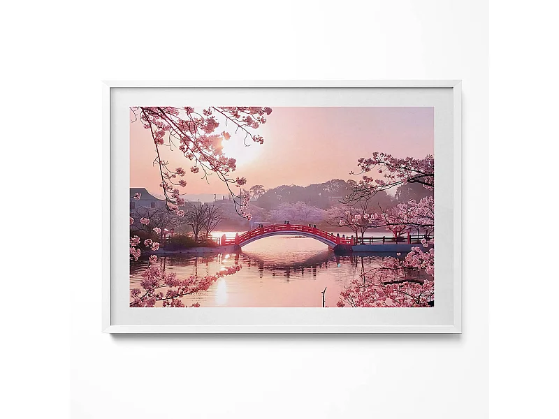 Dekoratives Gemälde mit weißem Rahmen, Kirschblüten und Brücke – japanischer Stil 100 x 70 cm – perfekt für das Wohn- oder Schlafzimmer