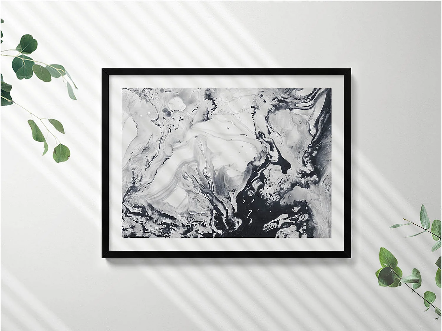 Tableau décoratif avec cadre noir, Abstraction d'encre - encre de marbre 80 x 60 cm– Parfait pour le salon ou la chambre