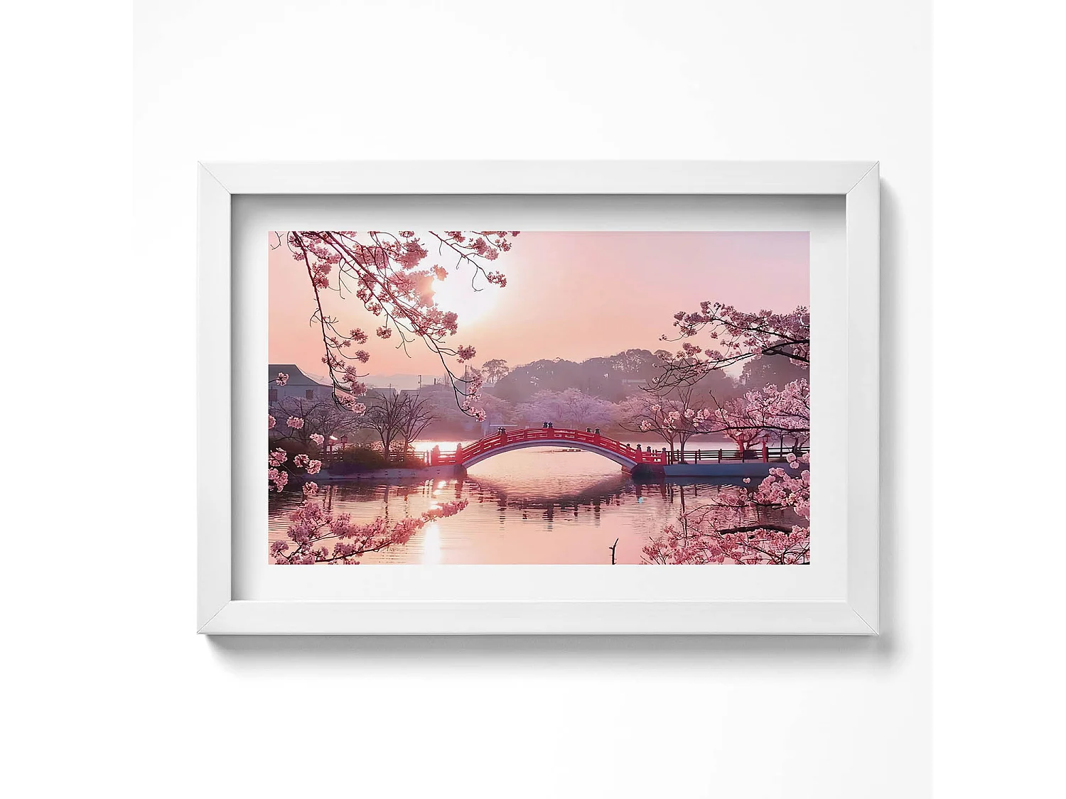 Dekoratives Gemälde mit weißem Rahmen, Kirschblüten und Brücke – japanischer Stil 30 x 20 cm – perfekt für das Wohn- oder Schlafzimmer