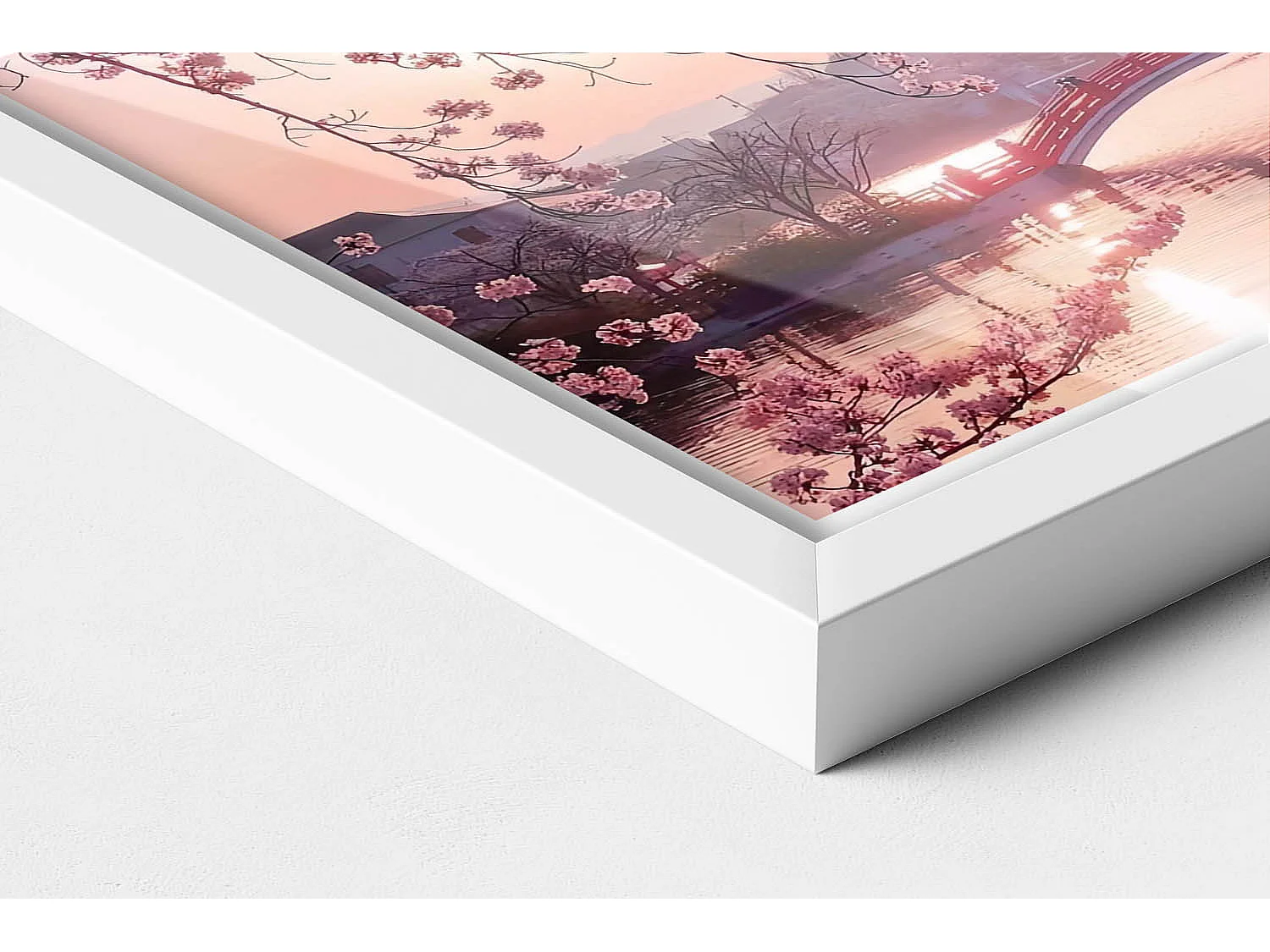 Dekoratives Gemälde mit weißem Rahmen, Kirschblüten und Brücke – japanischer Stil 30 x 20 cm – perfekt für das Wohn- oder Schlafzimmer