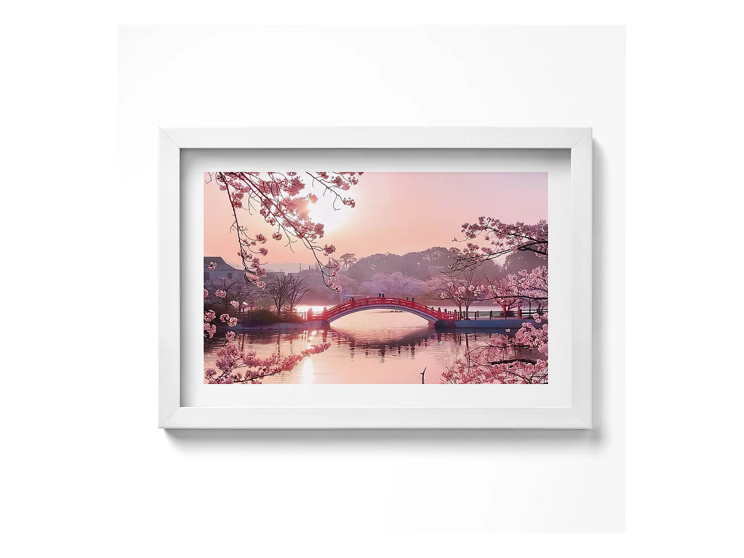 Tableau décoratif avec cadre blanc, Fleurs de cerisier et pont - style japonais 30 x 20 cm – Parfait pour le salon ou la chambre