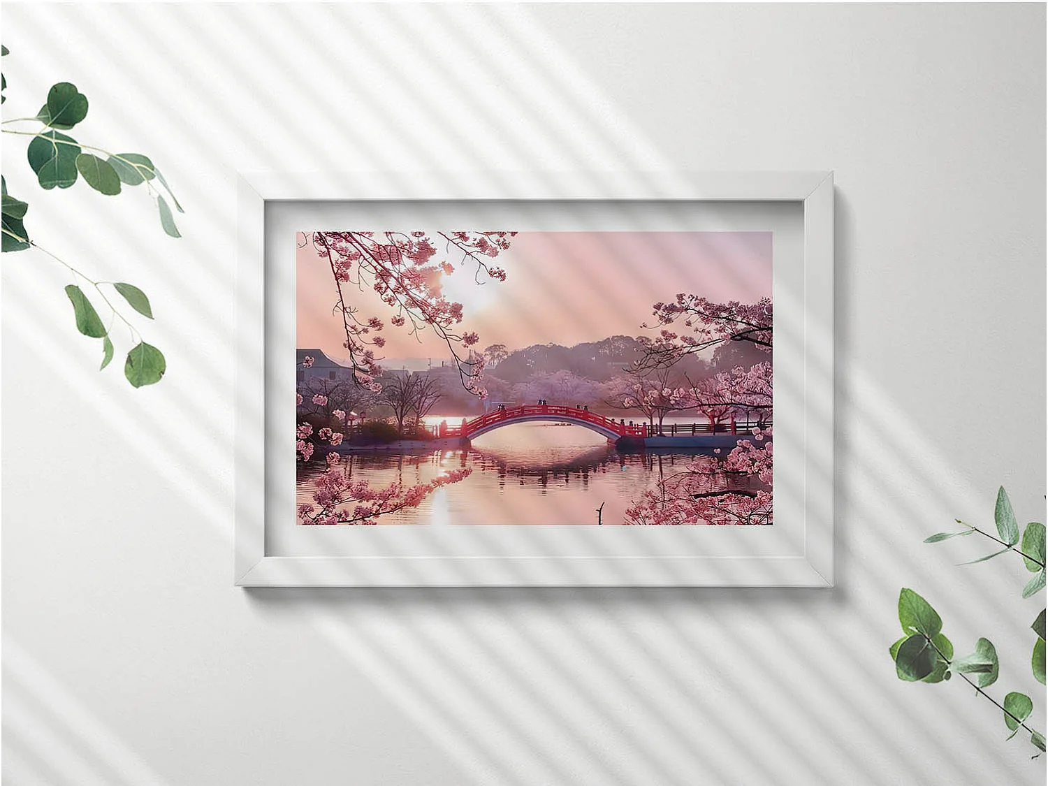 Tableau décoratif avec cadre blanc, Fleurs de cerisier et pont - style japonais 30 x 20 cm – Parfait pour le salon ou la chambre