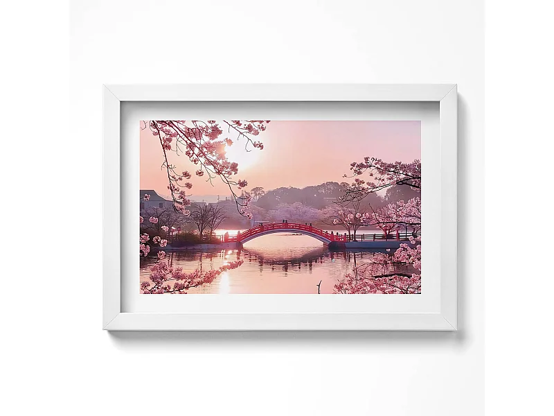 Dekoratives Gemälde mit weißem Rahmen, Kirschblüten und Brücke – japanischer Stil 30 x 20 cm – perfekt für das Wohn- oder Schlafzimmer