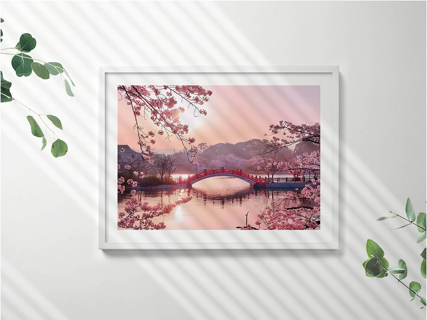 Dekoratives Gemälde mit weißem Rahmen, Kirschblüten und Brücke – japanischer Stil 80 x 60 cm – perfekt für das Wohn- oder Schlafzimmer