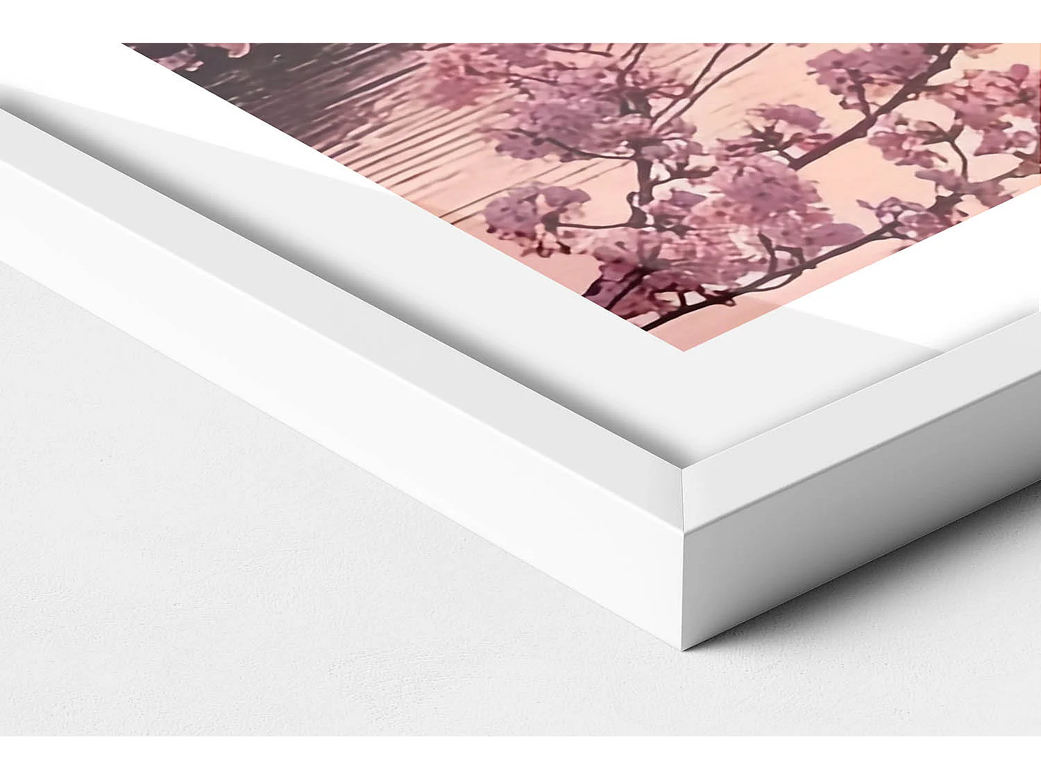 Dekoratives Gemälde mit weißem Rahmen, Kirschblüten und Brücke – japanischer Stil 80 x 60 cm – perfekt für das Wohn- oder Schlafzimmer