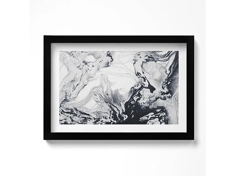 Decoratief schilderij met zwarte lijst, Inktabstractie - marmerinkt 30 x 20 cm - Perfect voor de woon- of slaapkamer