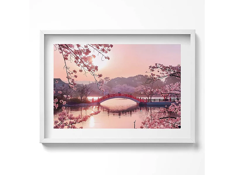 Dekoratives Gemälde mit weißem Rahmen, Kirschblüten und Brücke – japanischer Stil 70 x 50 cm – perfekt für das Wohn- oder Schlafzimmer