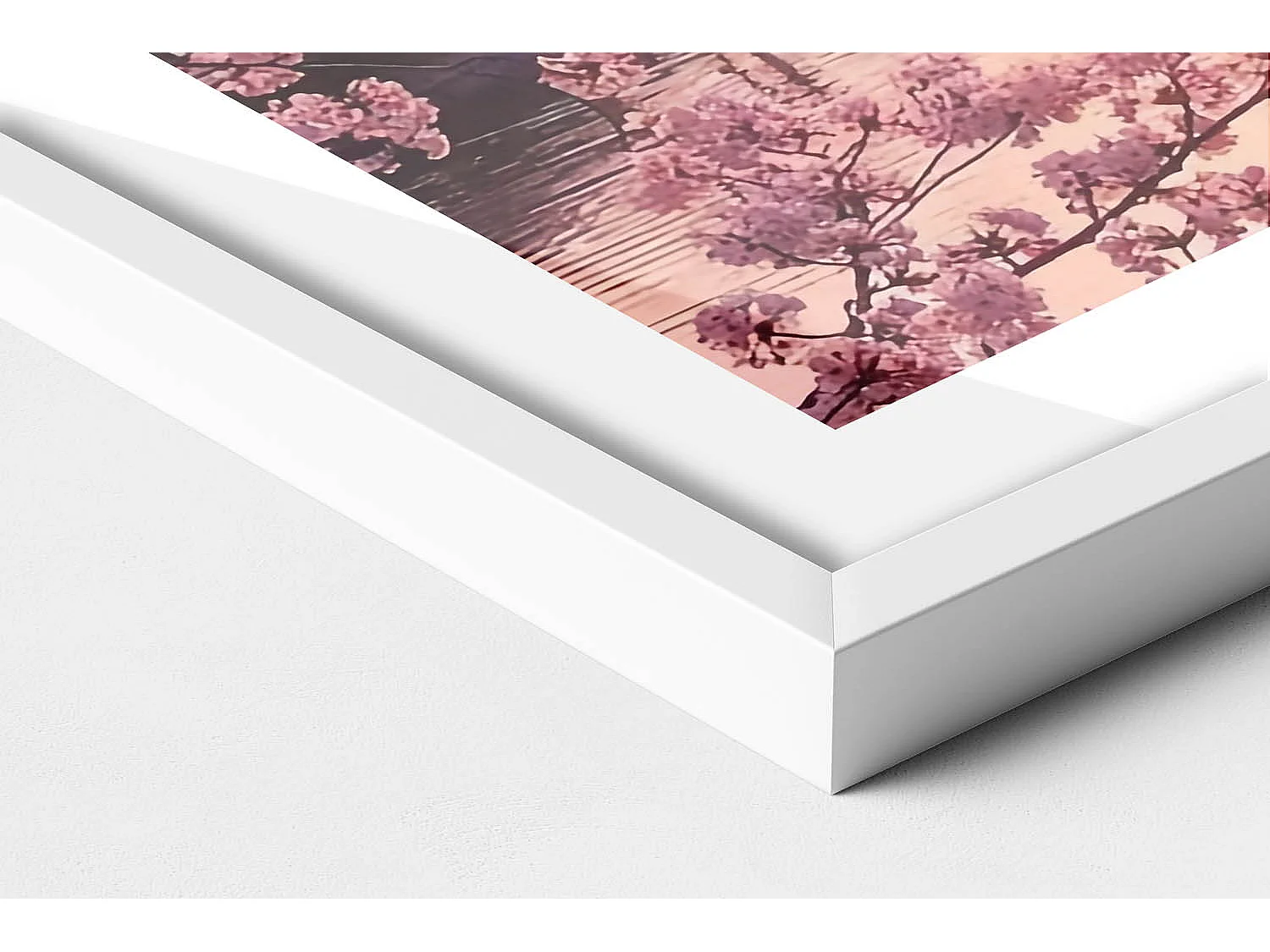 Dekoratives Gemälde mit weißem Rahmen, Kirschblüten und Brücke – japanischer Stil 70 x 50 cm – perfekt für das Wohn- oder Schlafzimmer