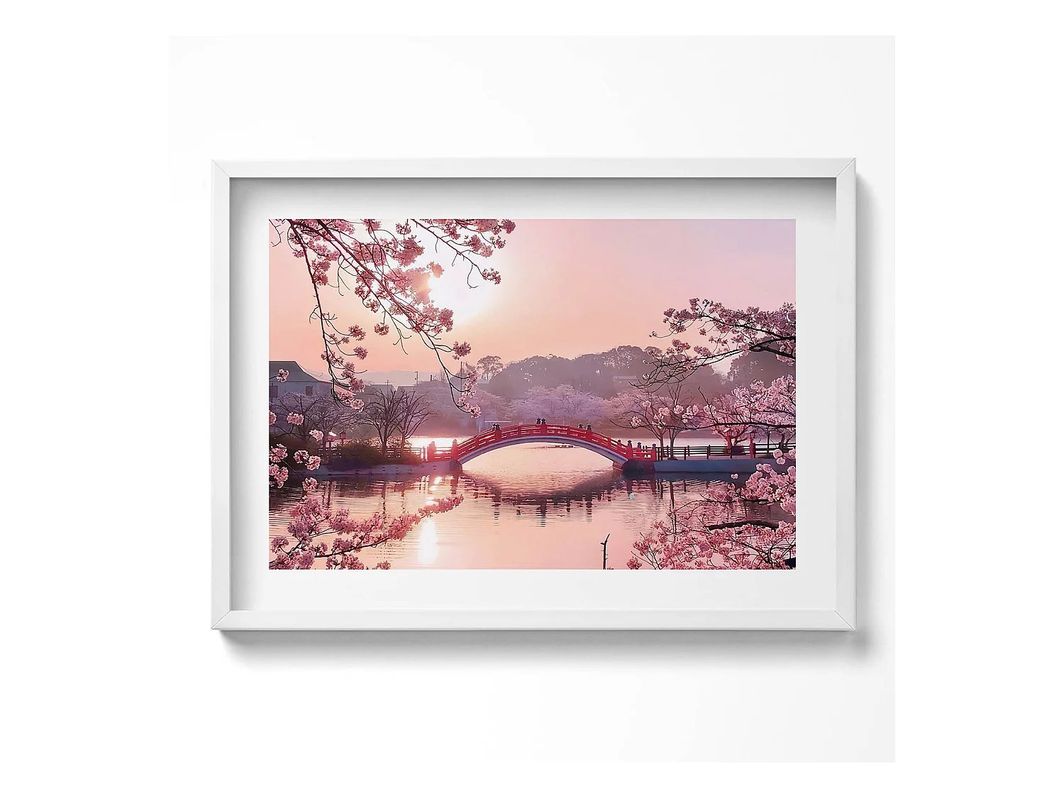 Tableau décoratif avec cadre blanc, Fleurs de cerisier et pont - style japonais 70 x 50 cm– Parfait pour le salon ou la chambre