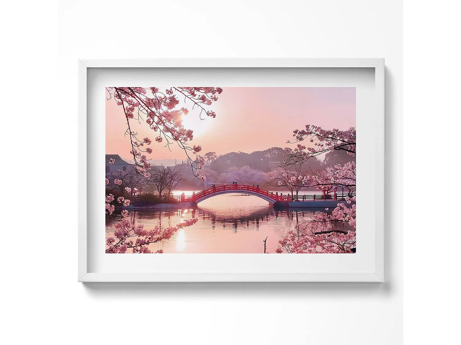 Dekoratives Gemälde mit weißem Rahmen, Kirschblüten und Brücke – japanischer Stil 70 x 50 cm – perfekt für das Wohn- oder Schlafzimmer