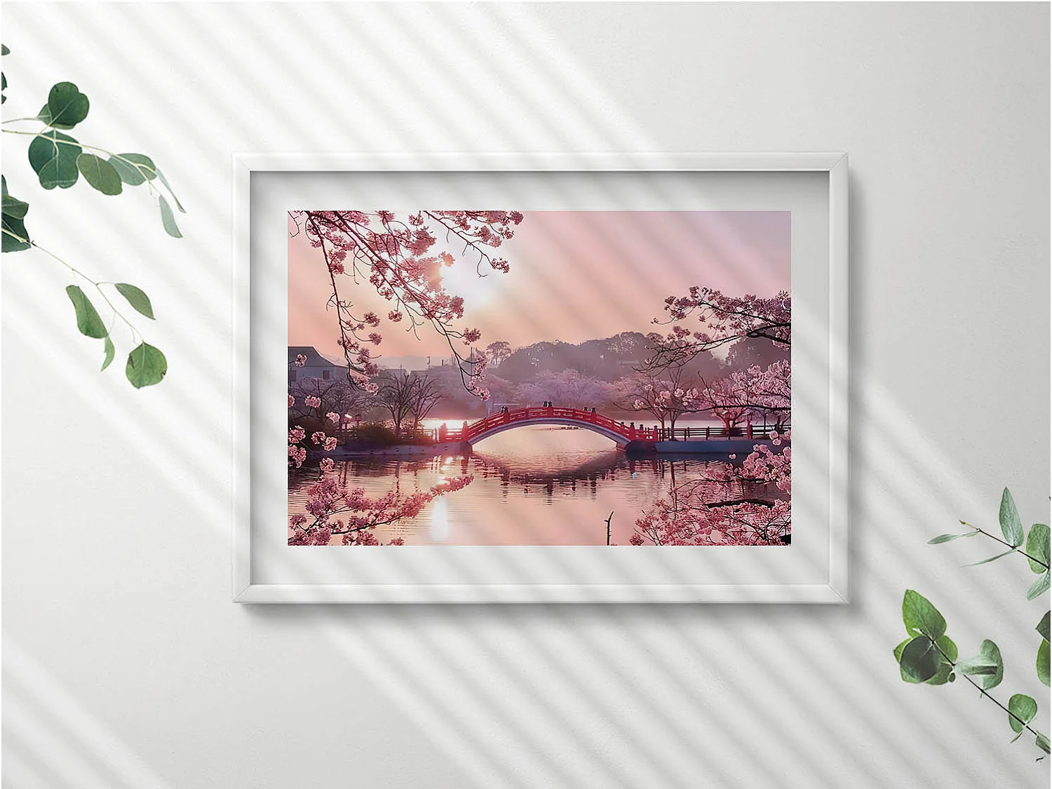 Dekoratives Gemälde mit weißem Rahmen, Kirschblüten und Brücke – japanischer Stil 70 x 50 cm – perfekt für das Wohn- oder Schlafzimmer