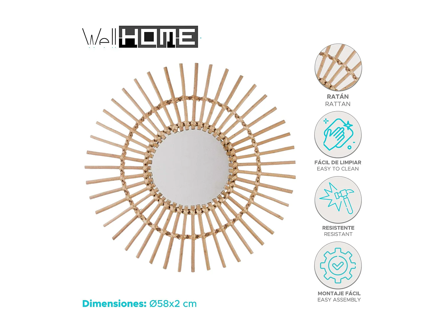 WELL HOME - Miroir en rotin 'Sol' Ø58