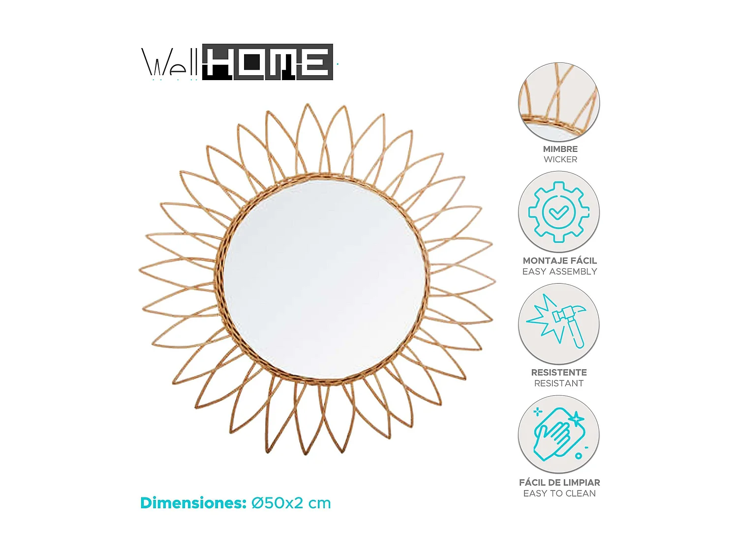 WELL HOME - Miroir soleil en rotin design effilé à l'extérieur Ø50cm