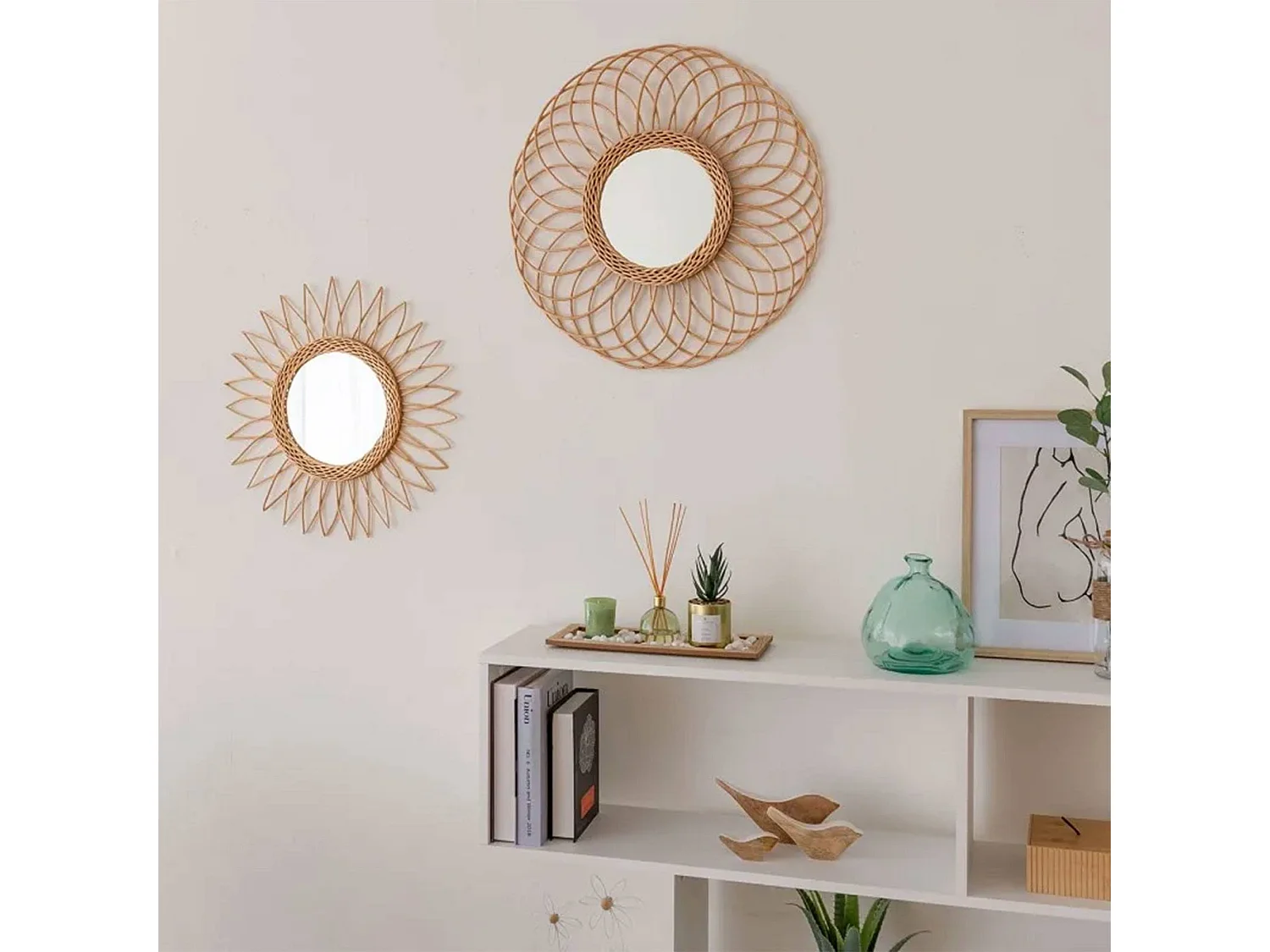 WELL HOME - Miroir soleil en rotin design effilé à l'extérieur Ø50cm