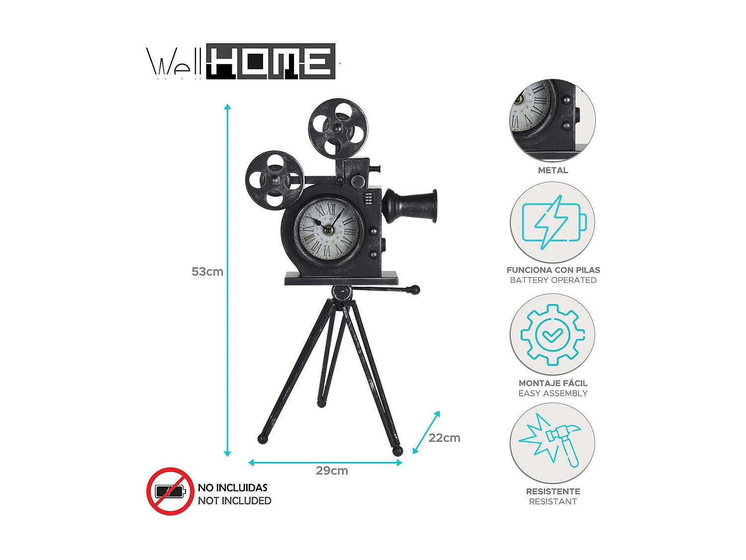WELL HOME - Horloge de table modèle cinepresa en métal noir 29x22x53 cm