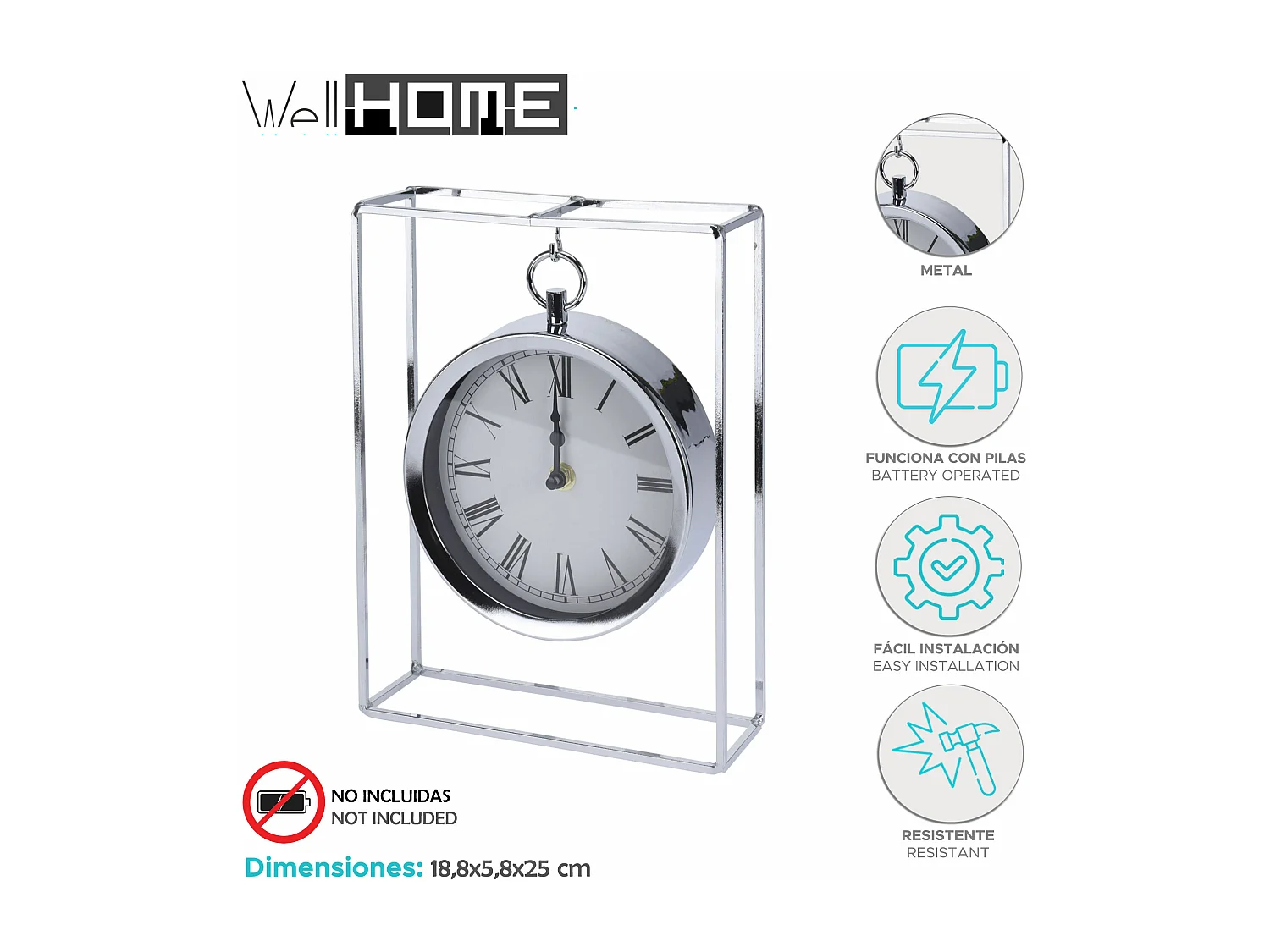 WELL HOME - Orologio modello da appendere en métal argentato 18,8x5,8x25 cm