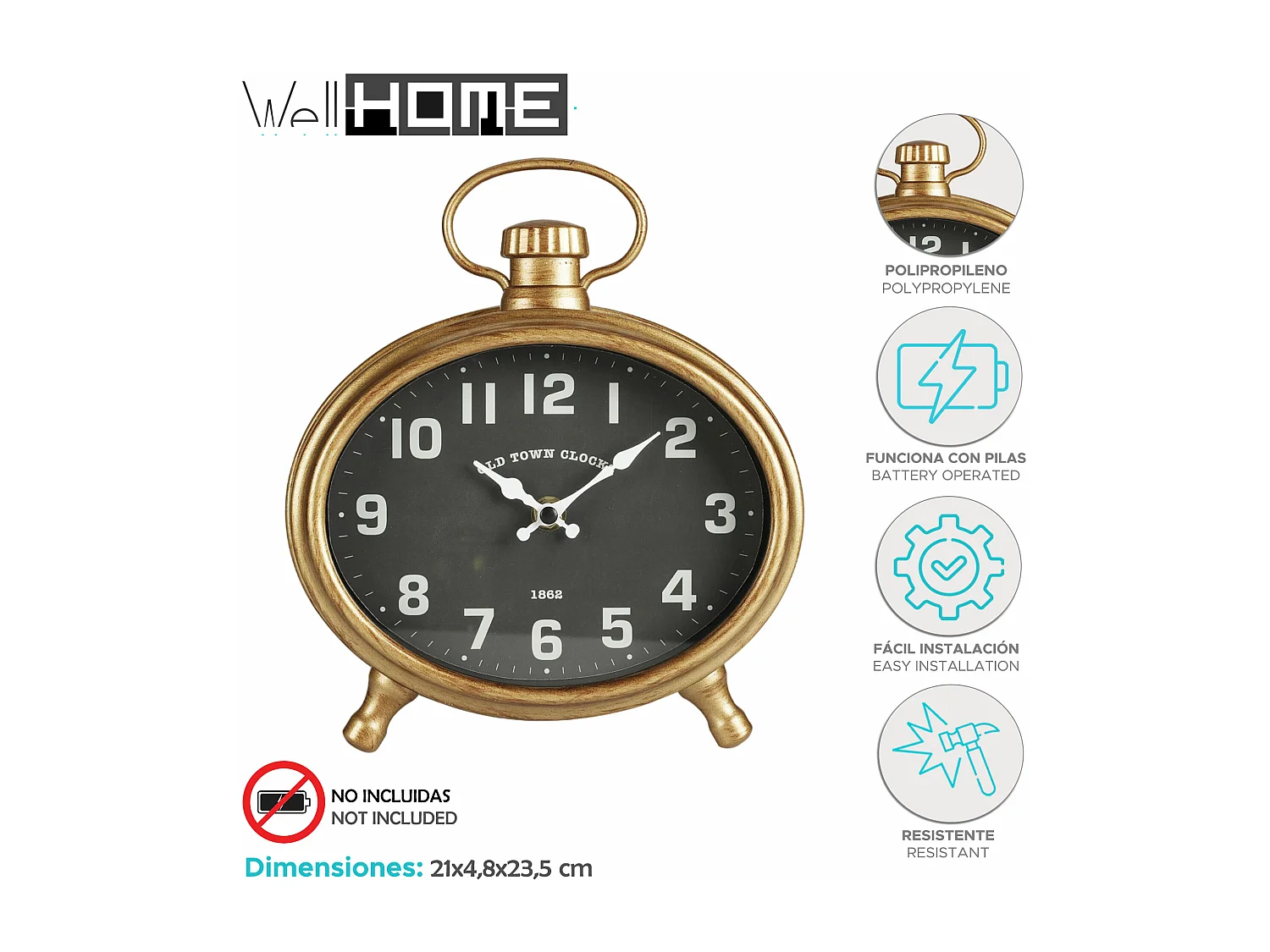 WELL HOME - Orologio pédagogique ovale corps doré 21x4,8x23,5 cm