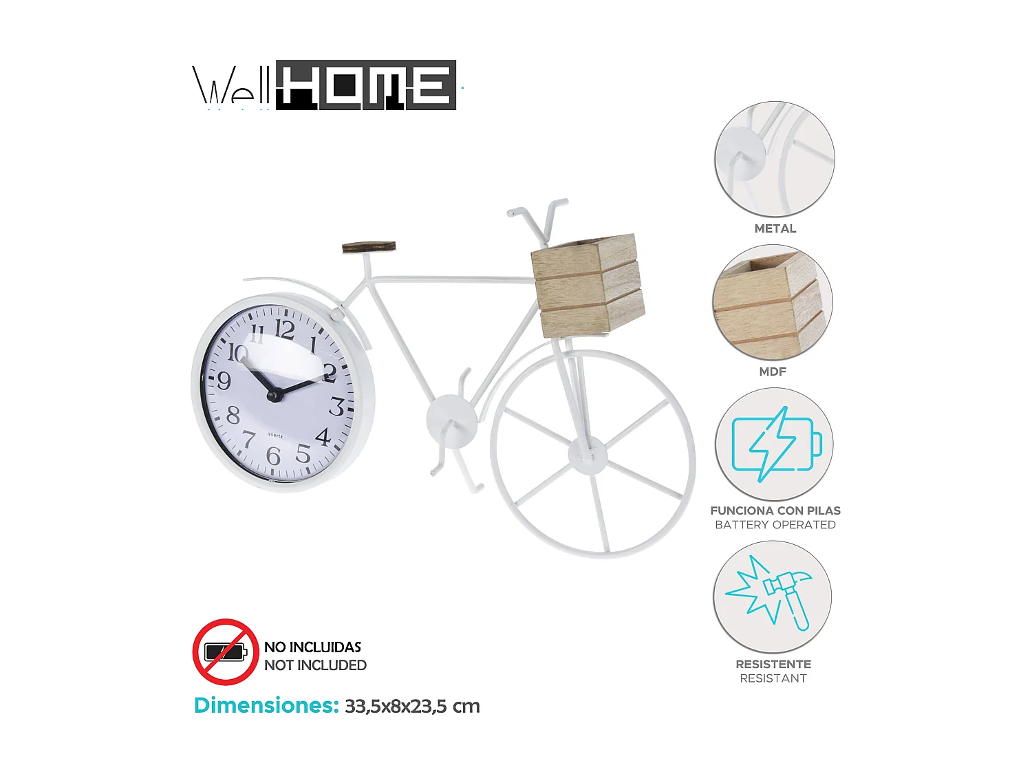 WELL HOME - Plateau de table vélo design en métal blanc 33,5x8x23,5 cm