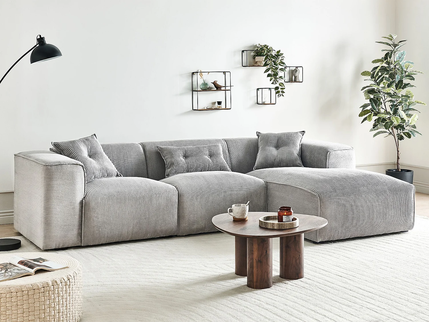 Ecksofa DOLVA Cord Hellgrau 3-Sitzer linksseitig