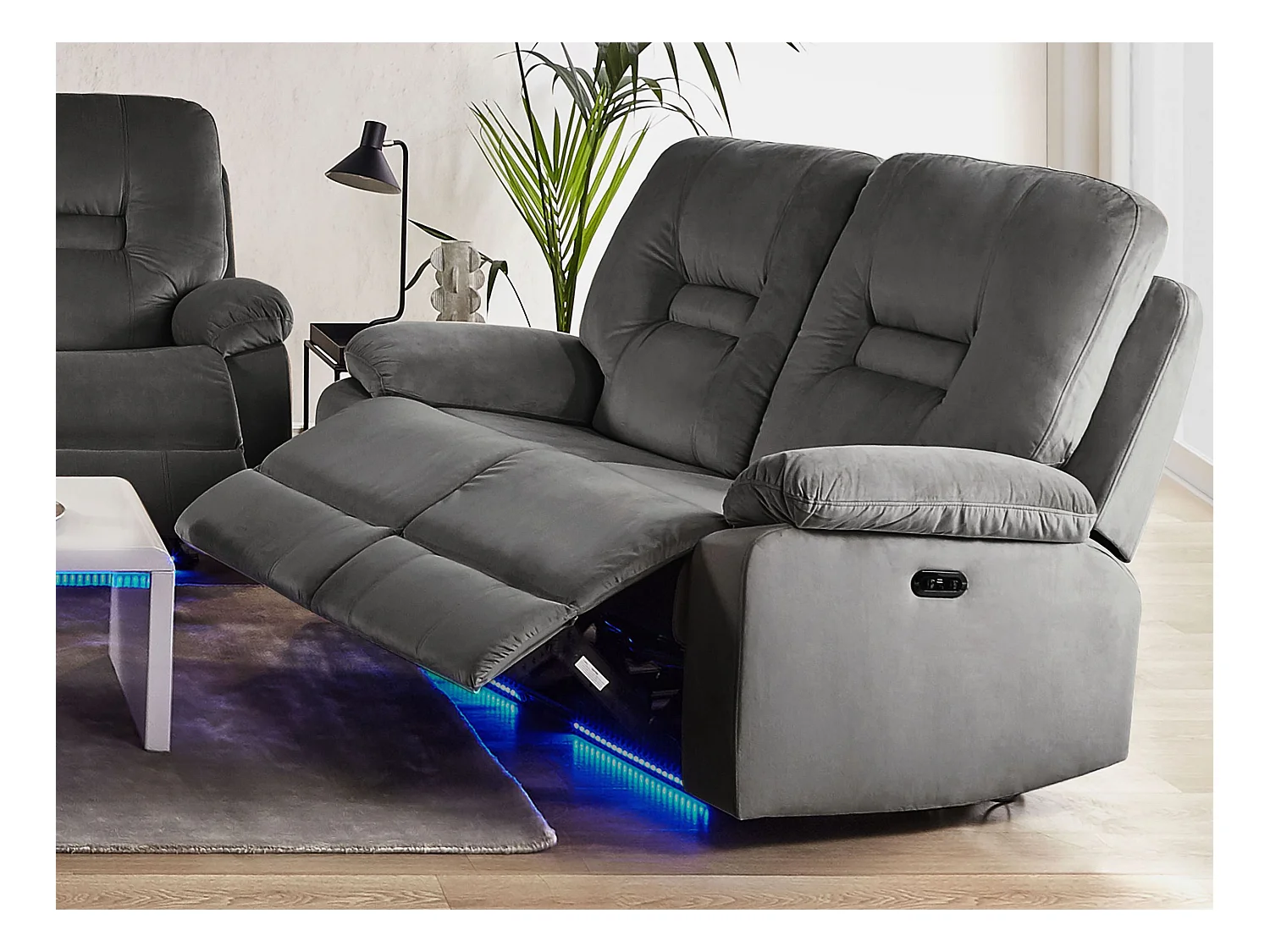 Canapé relax électrique 2 places BERGEN Velours Gris foncé avec port USB