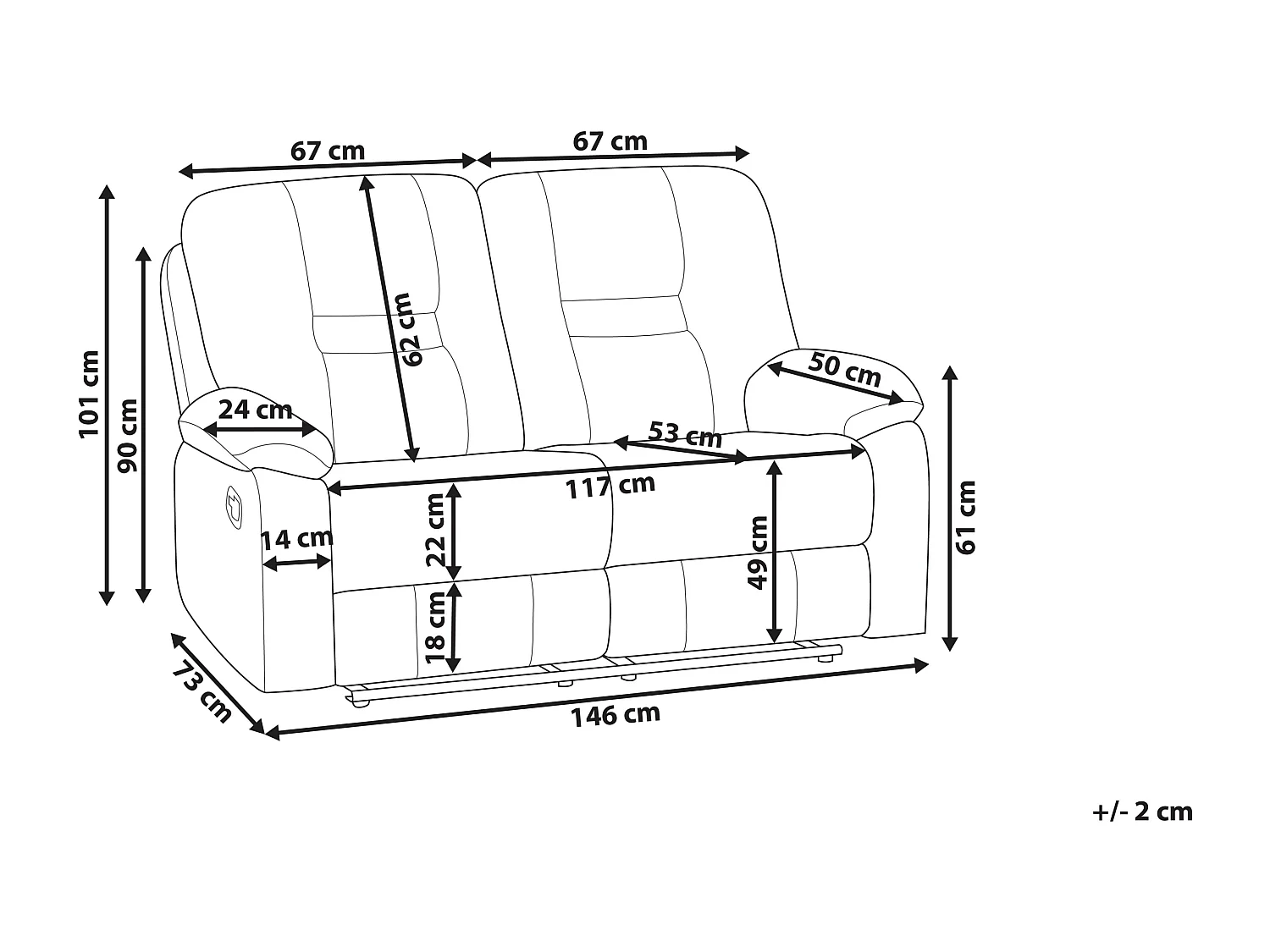 Sofa z elektryczną funkcją relaksu BERGEN Welur Ciemnoszary Z portem USB dla 2 osób