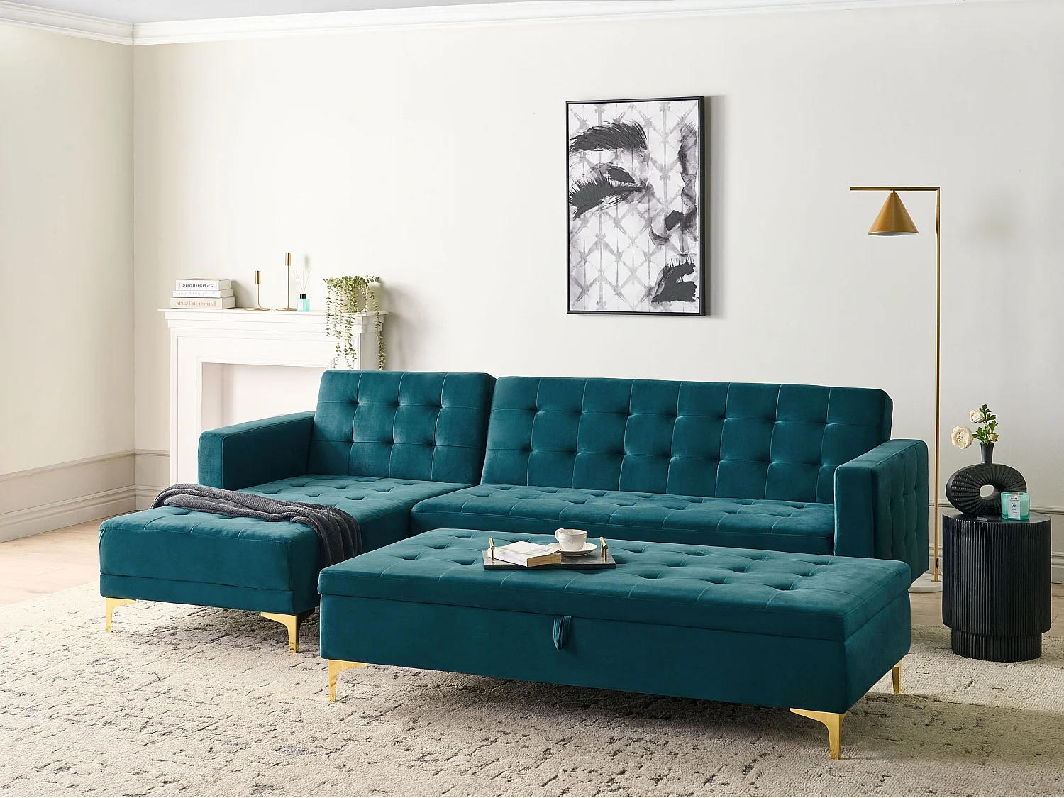 Modulaire hoekslaapbank ABERDEEN Fluweel Blauwgroen Met ottomaan 4-zitter Rechterzijde