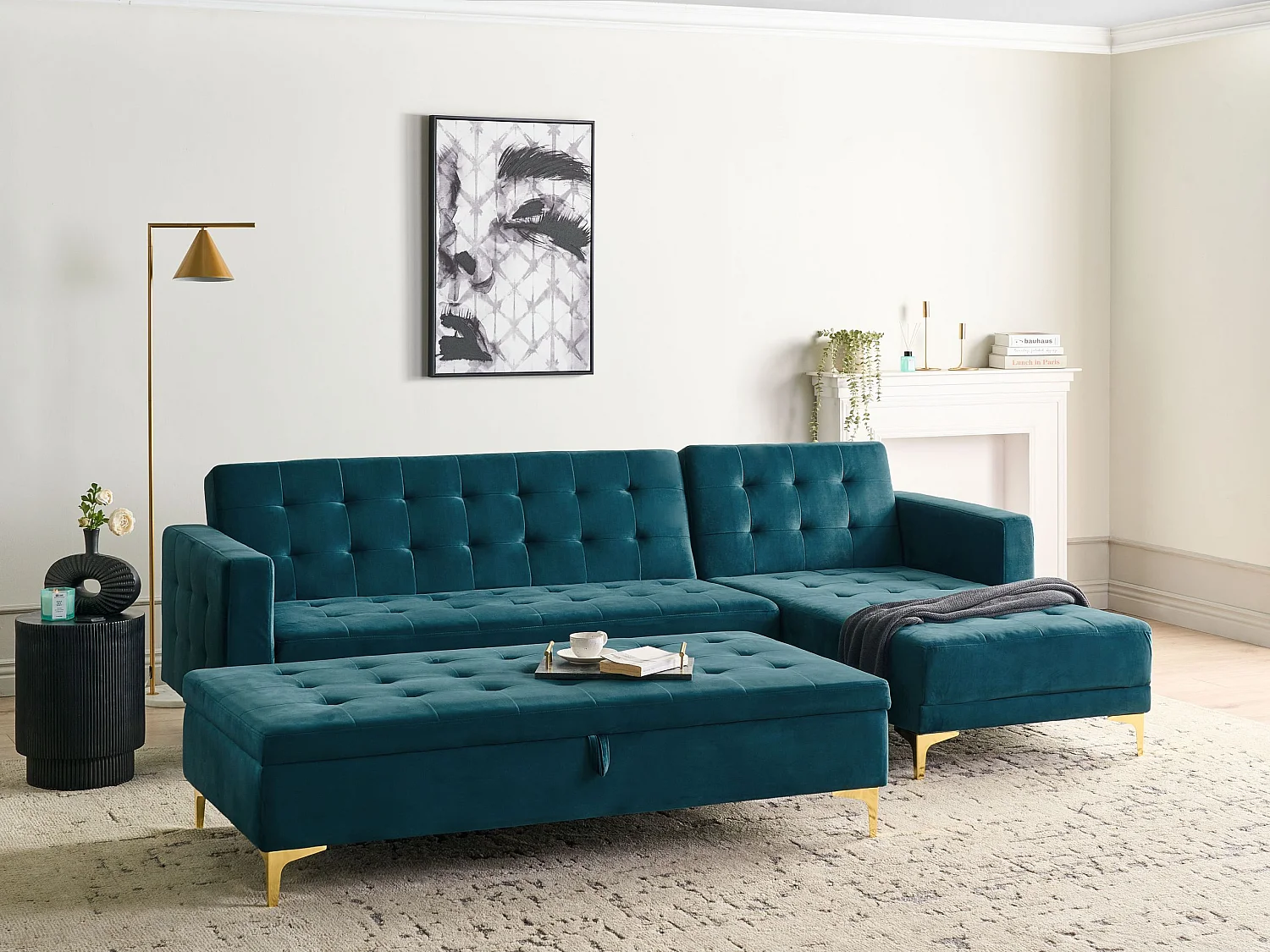 Canapé-lit d'angle modulable ABERDEEN Velours Bleu paon avec ottoman 4 places Côté droite