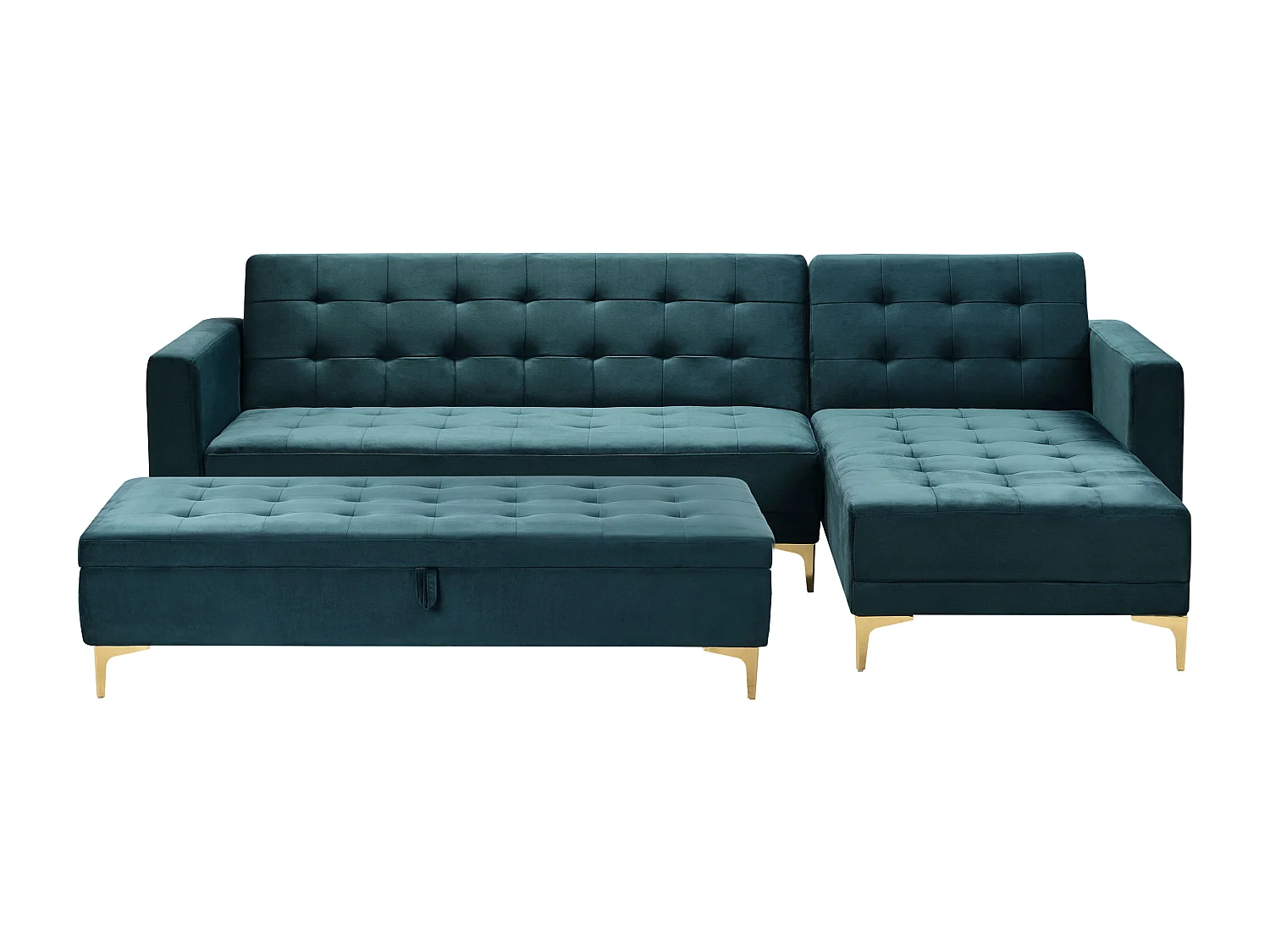 Canapé-lit d'angle modulable ABERDEEN Velours Bleu paon avec ottoman 4 places Côté droite