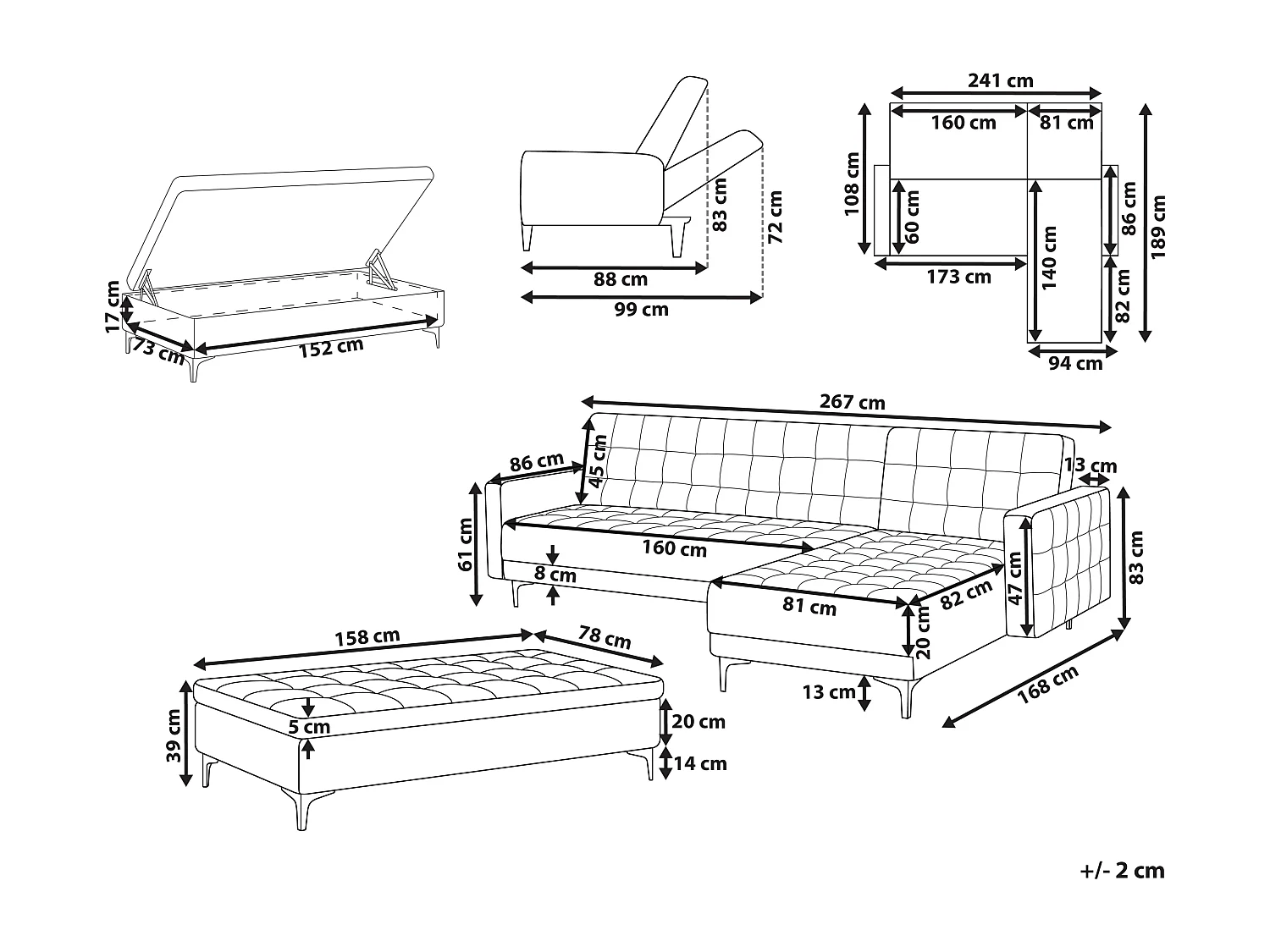 Canapé-lit d'angle modulable ABERDEEN Velours Bleu paon avec ottoman 4 places Côté droite