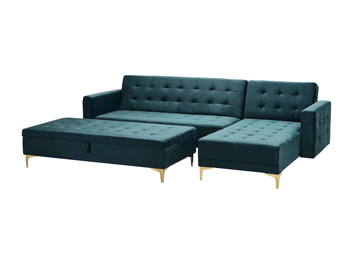 Canapé-lit d'angle modulable ABERDEEN Velours Bleu paon avec ottoman 4 places Côté droite