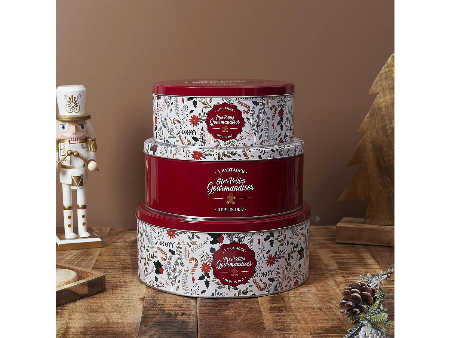 Lot de 3 boîtes de Noël en métal MES PETITES GOURMANDISES rouge