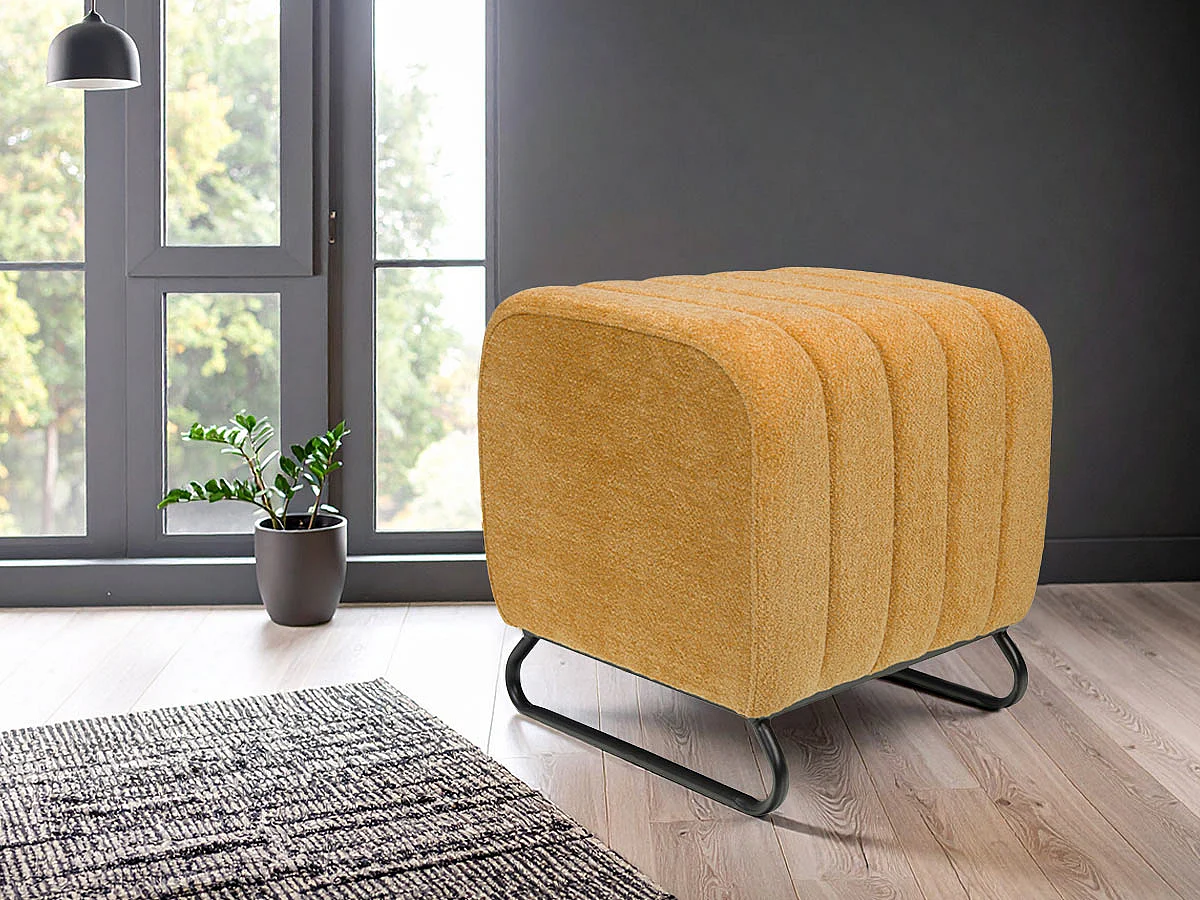 Pouf rond en tissu jaune avec piètement métal Ø40 cm Eli
