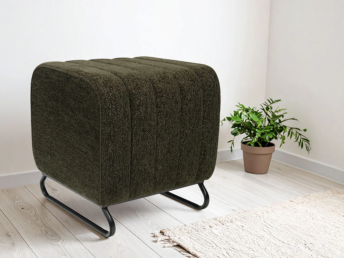 Pouf rond en tissu kaki avec piètement métal Ø40 cm Eli
