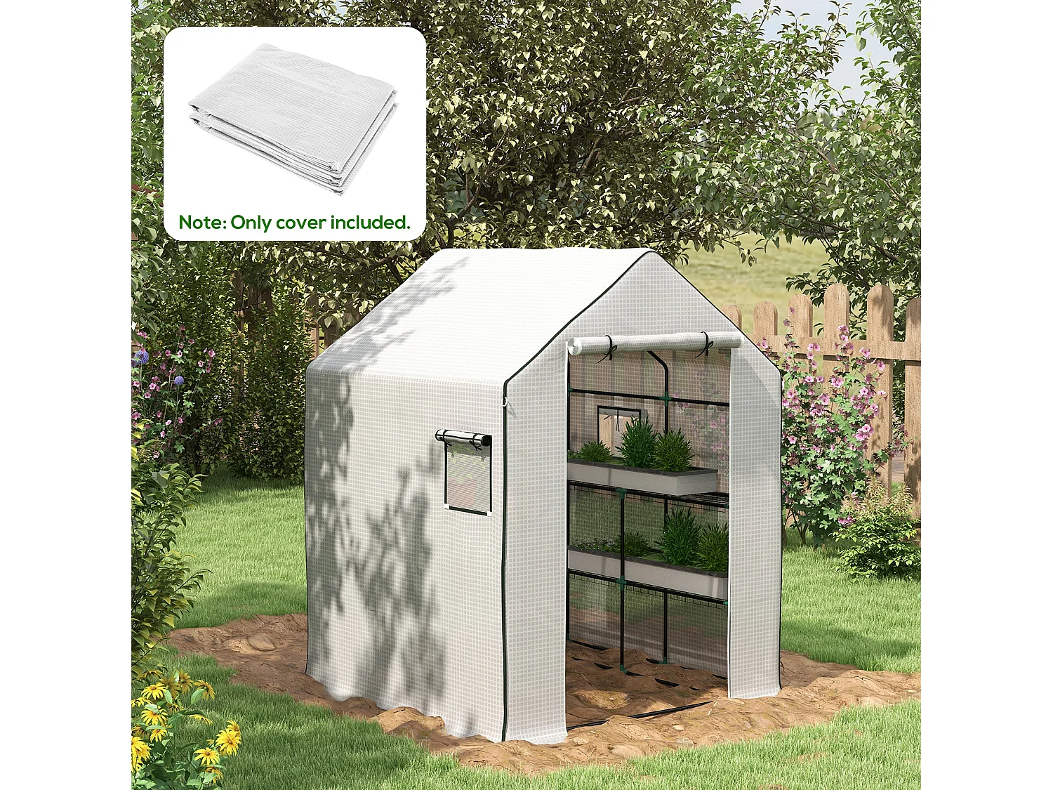 Bâche de remplacement serre de jardin dim. 140L x 143l x 190H cm - 2 fenêtres, porte zippée enroulable - PE anti-UV imperméable blanc