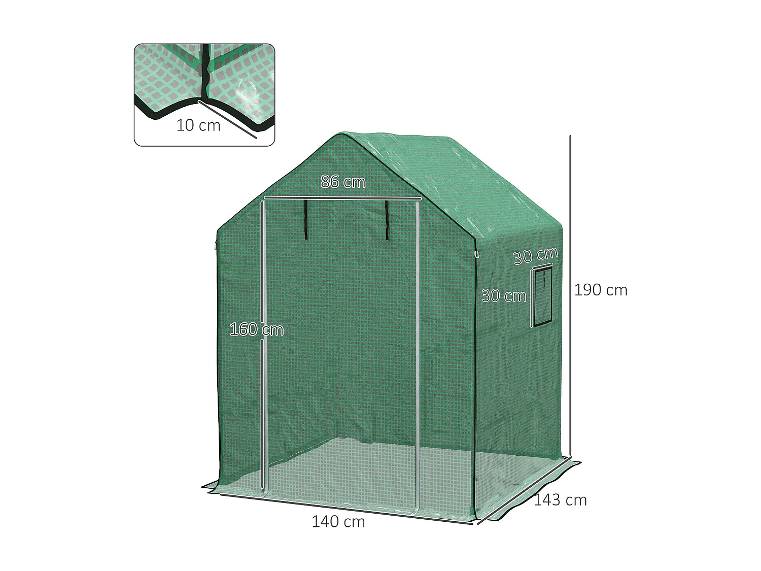 Bâche de remplacement serre de jardin dim. 140L x 143l x 190H cm - 2 fenêtres, porte zippée enroulable - PE anti-UV imperméable vert
