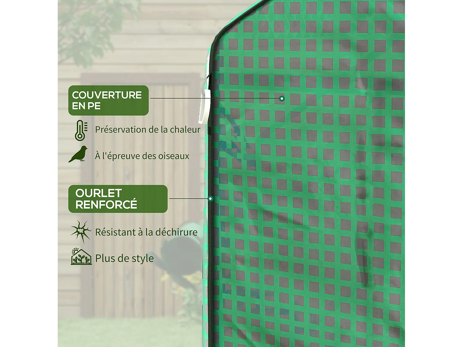 Bâche de remplacement serre de jardin dim. 140L x 143l x 190H cm - 2 fenêtres, porte zippée enroulable - PE anti-UV imperméable vert