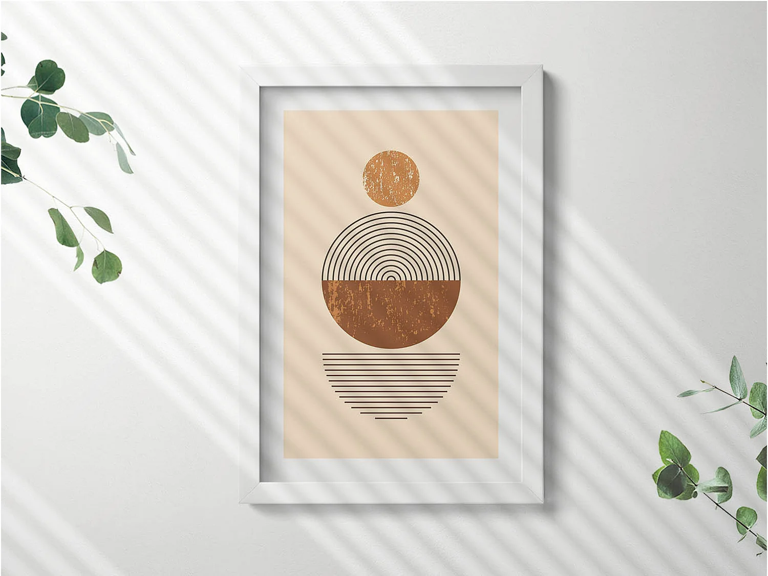 Tableau décoratif avec cadre blanc, Reflets dorés et abstractions bohèmes 20 x 30 cm – Parfait pour le salon ou la chambre