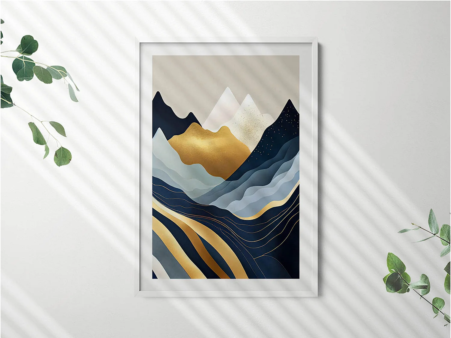 Dekoratives Gemälde mit weißem Rahmen, Abstrakte Berge 70 x 100 cm – Perfekt für das Wohn- oder Schlafzimmer