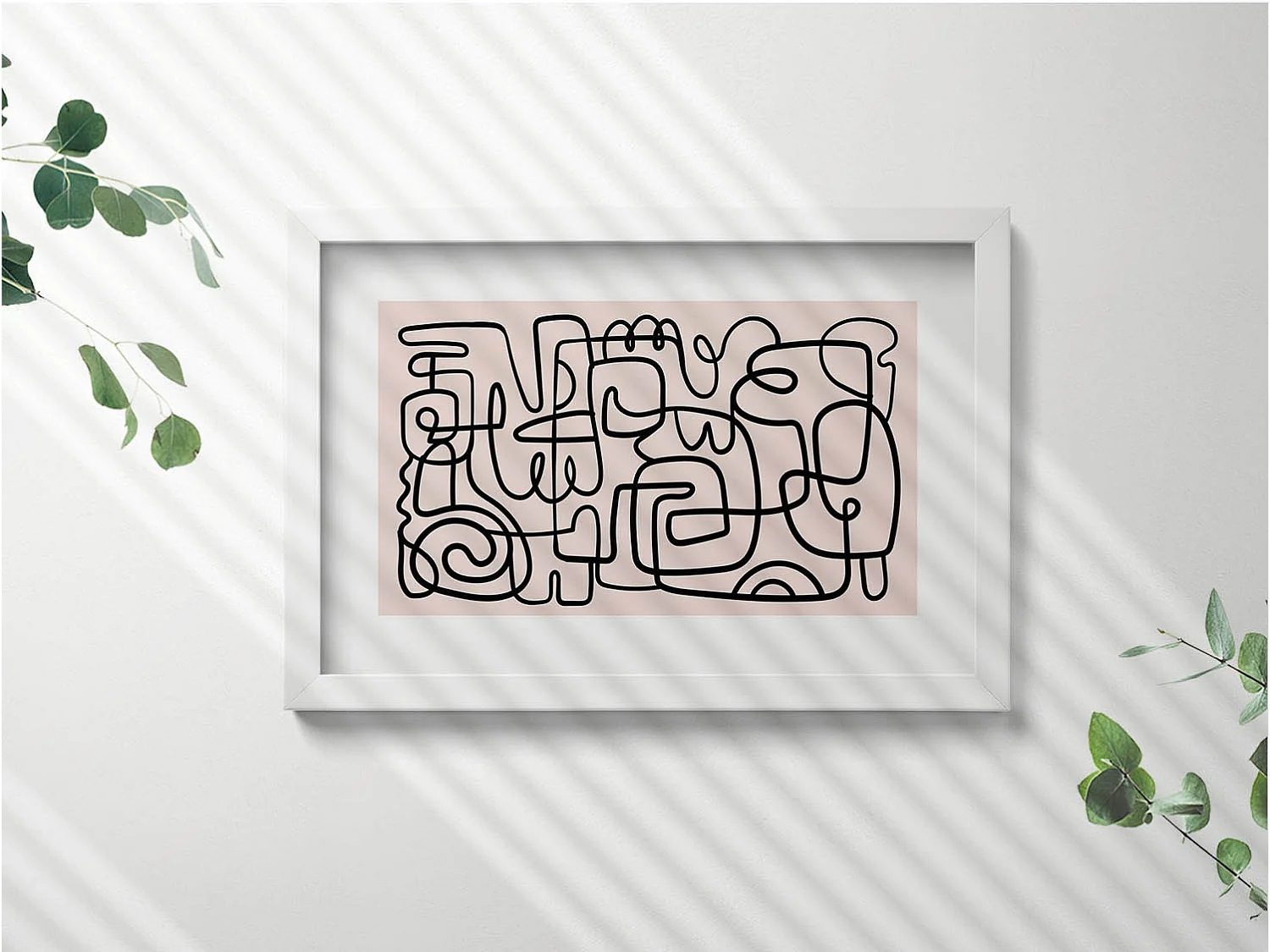 Dekoratives Gemälde mit weißem Rahmen, fließende goldene Formen auf beigem Hintergrund, 30 x 20 cm – perfekt für das Wohn- oder Schlafzimmer