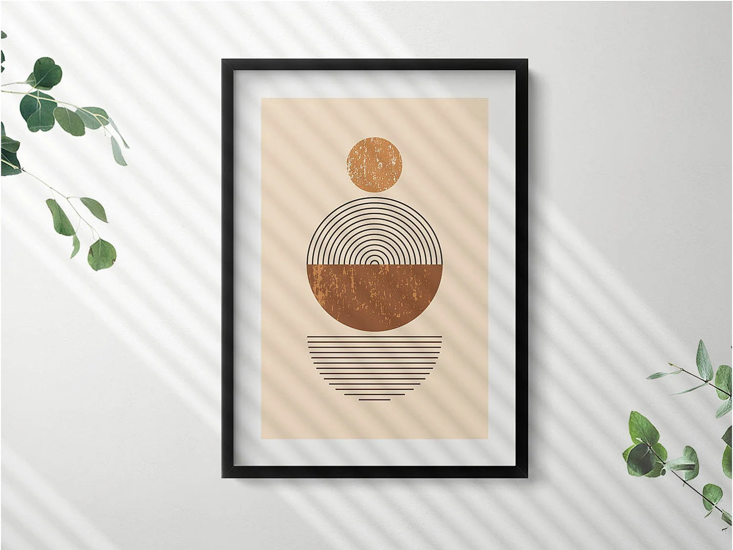 Dekoratives Gemälde mit schwarzem Rahmen, geometrische Kunst im Bohème-Stil 50 x 70 cm – perfekt für das Wohn- oder Schlafzimmer