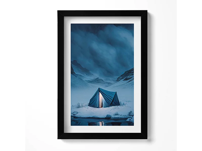 Dekoratives Gemälde mit schwarzem Rahmen, Zelt in den Bergen Islands 20 x 30 cm – Perfekt für das Wohn- oder Schlafzimmer