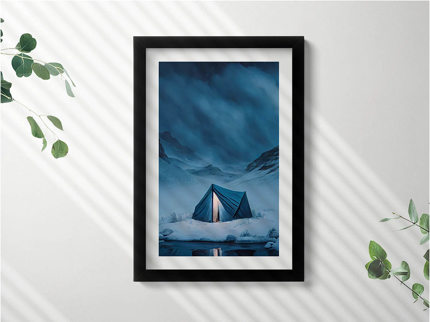 Dekoratives Gemälde mit schwarzem Rahmen, Zelt in den Bergen Islands 20 x 30 cm – Perfekt für das Wohn- oder Schlafzimmer