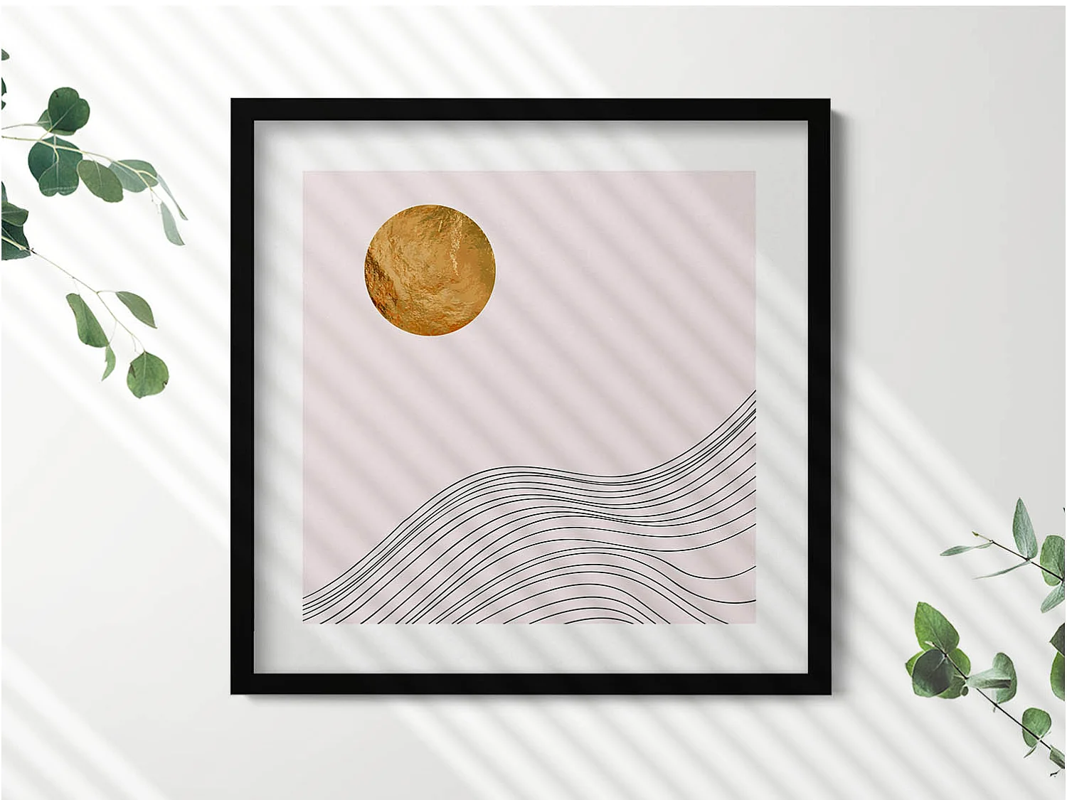 Tableau décoratif avec cadre noir, Illustration du soleil levant 50 x 50 cm – Parfait pour le salon ou la chambre