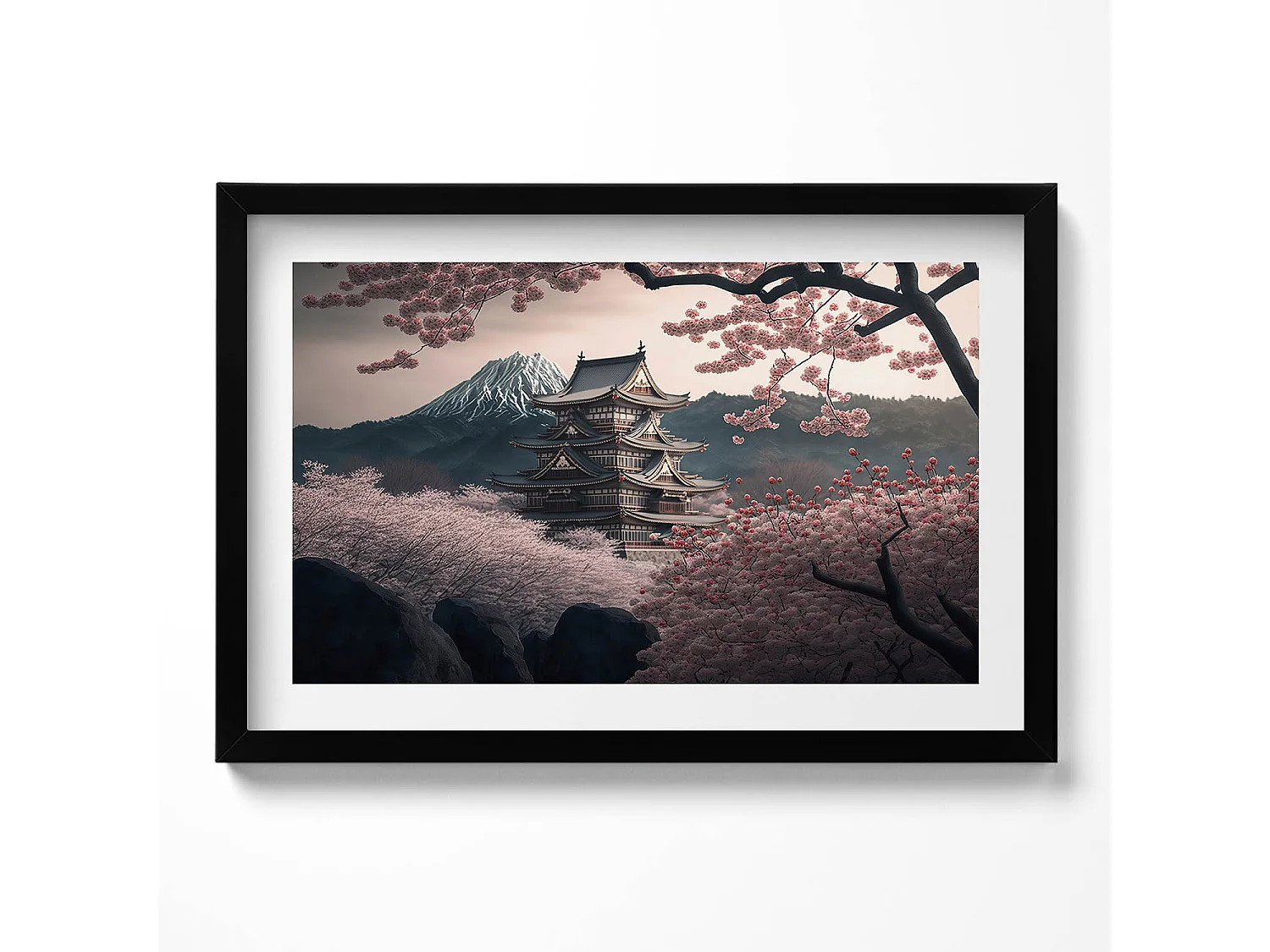 Dekoratives Gemälde mit schwarzem Rahmen, asiatischem Turm und Kirschblüten 60 x 40 cm – Perfekt für das Wohn- oder Schlafzimmer