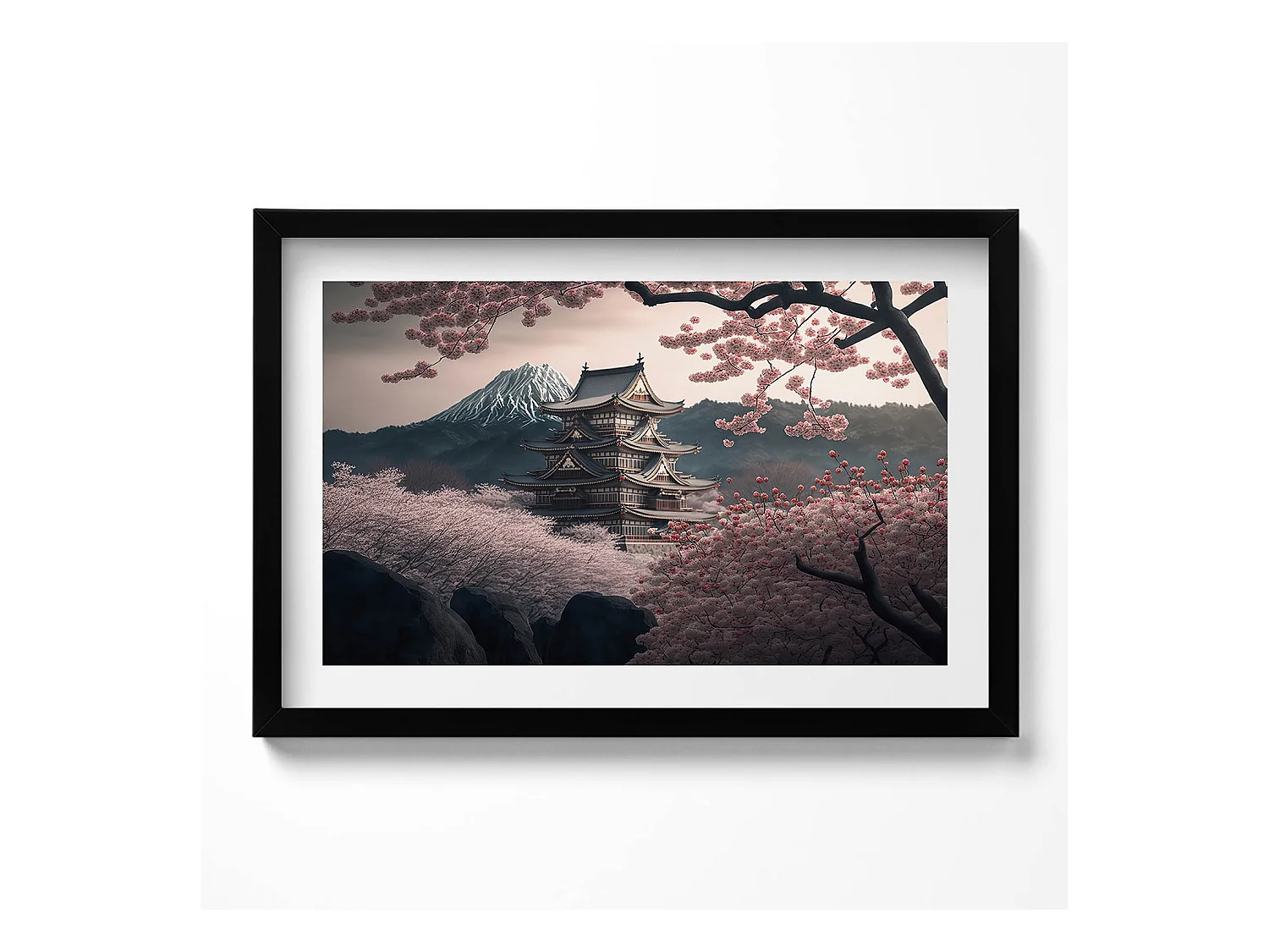 Tableau décoratif avec cadre noir, Tour asiatique et fleurs de cerisier 60 x 40 cm– Parfait pour le salon ou la chambre