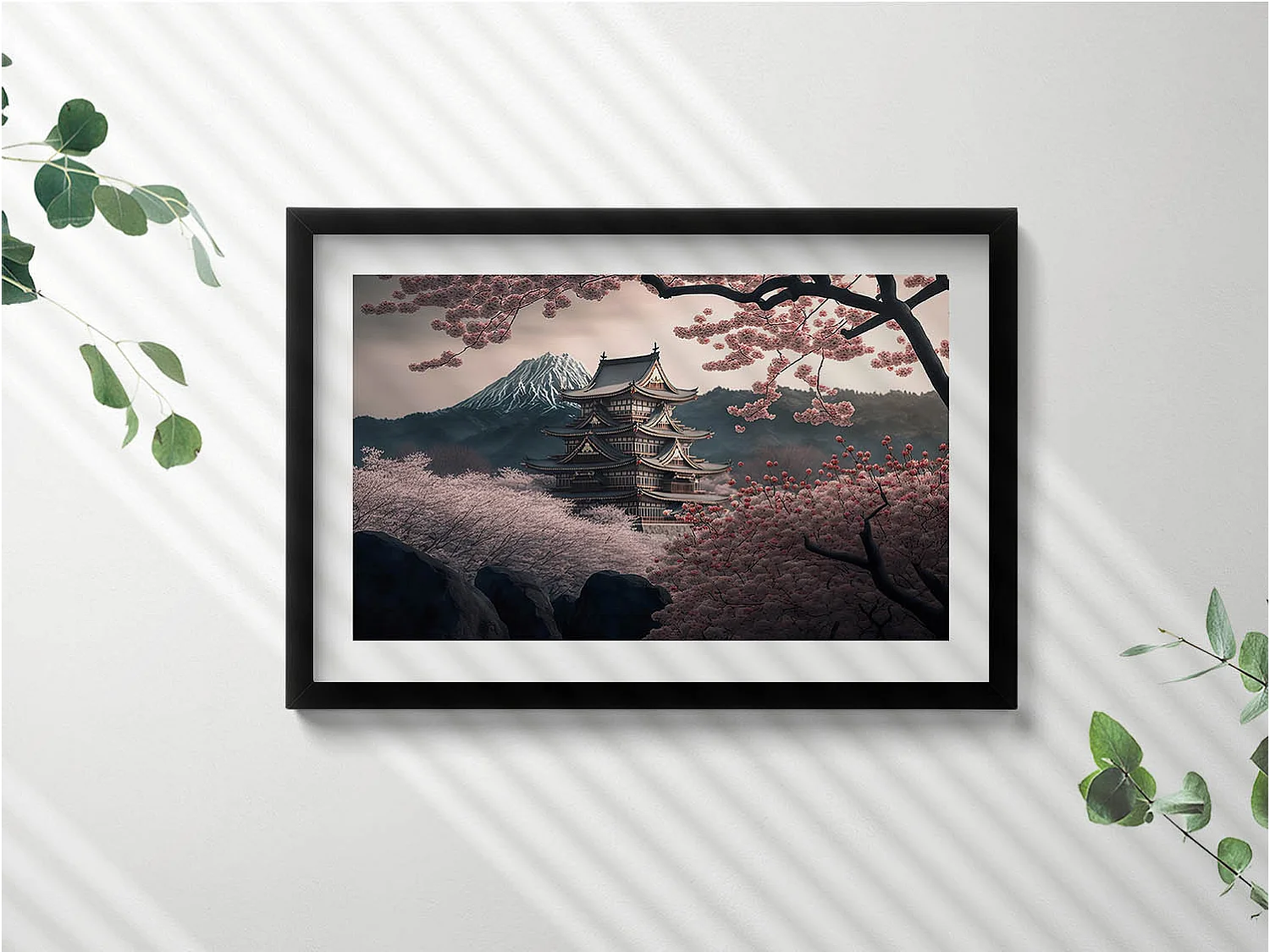 Tableau décoratif avec cadre noir, Tour asiatique et fleurs de cerisier 60 x 40 cm– Parfait pour le salon ou la chambre